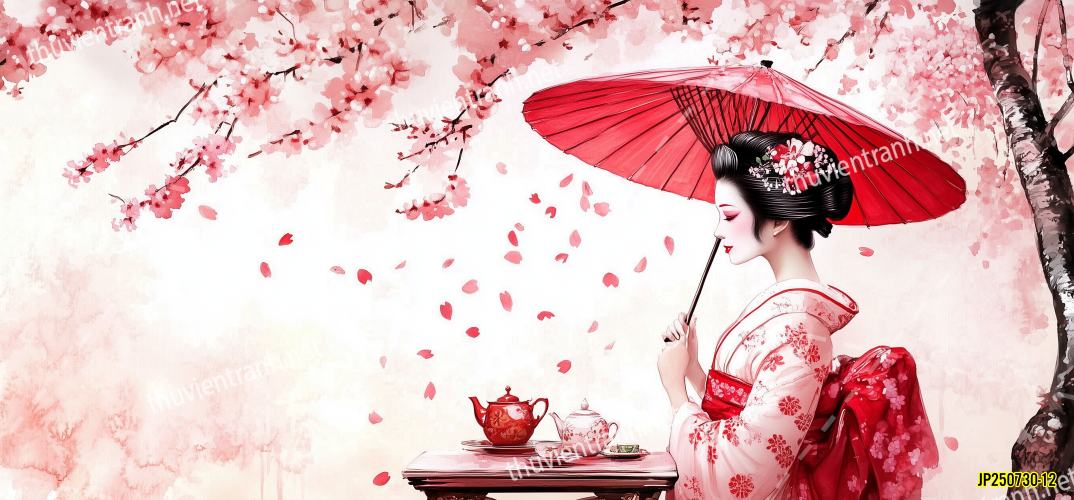 Tranh dán tường hoa cô gái Geisha Nhật Bản-JP250730-12 - Tranh tường chất lượng cao